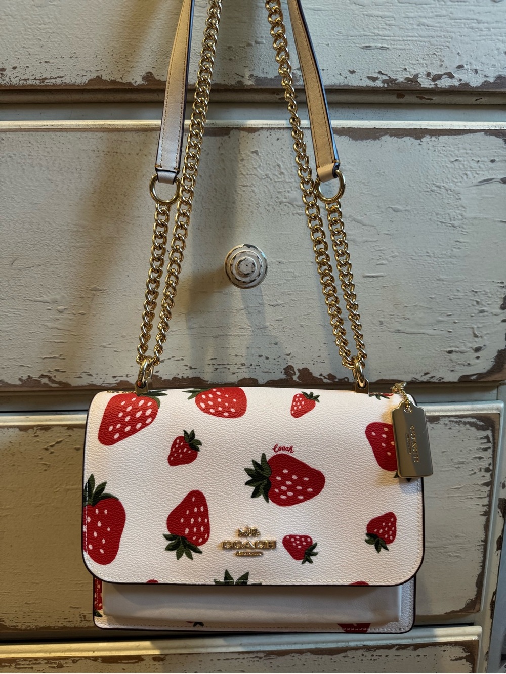 Coach Klare Wild Strawberry 🍓 Chalk Gold Shoulder Bag Purse Limited Edition